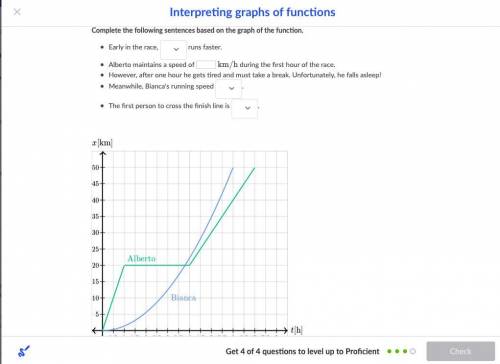 Alberto and Bianca run a 50 km race. The illustration below shows the graph of the position of the