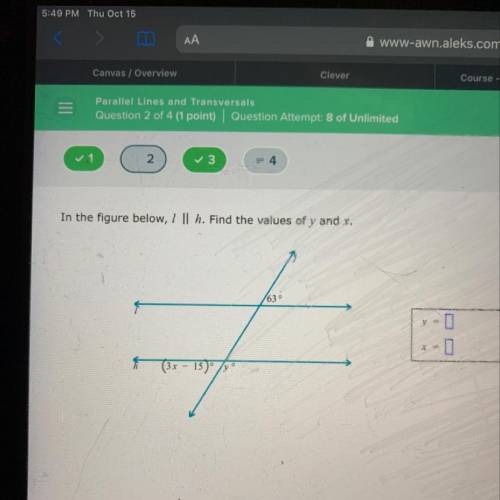 In the figure below, 7 || h. Find the values of y and x.
630
3 x
150 /yº