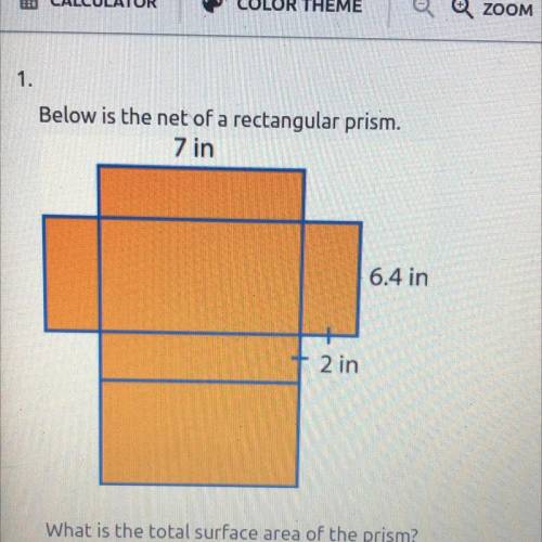 1.

Below is the net of a rectangular prism.
7 in
6.4 in
2 in
What is the total surface area of th