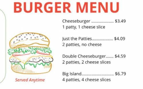 Based on the information from the menu, is the price of a burger a function of the number of pattie