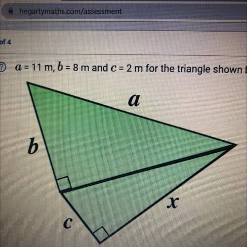 A = 11m, b = 8m and C = 2m for the triangle shown below.

Work out the value of x, giving your ans