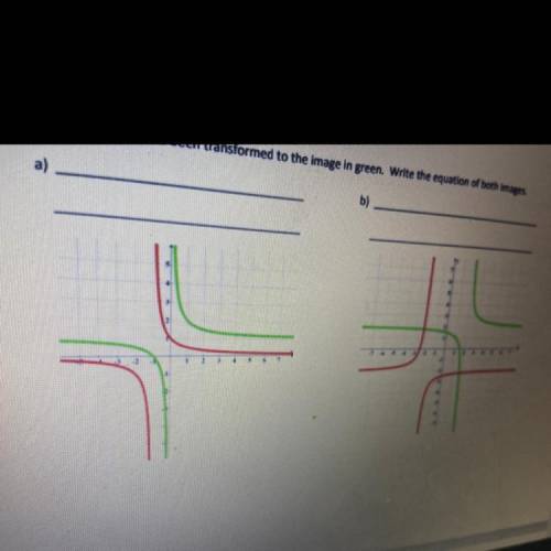 The pre-image in red has been transformed to the image in green. Write the equation of both images.