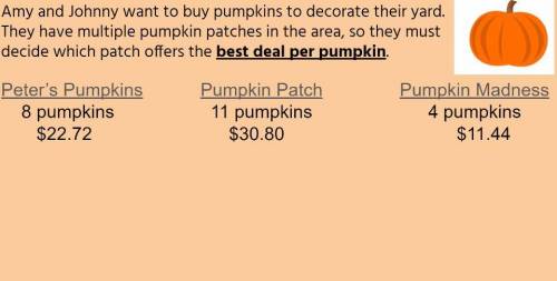 ANSWER NOW AND ILL GIVE #! POINTS AND BRAIN PLZ
WHAT IS THE BEST DEAL PER PUMPKIN
