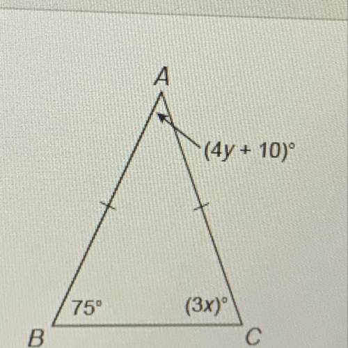 Triangle ABC 
A= (4y + 10)
C= (3x)
B= 75 
What is y?