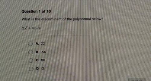 What is the discriminant of the polynomial below? 2x^2 + 4x - 9