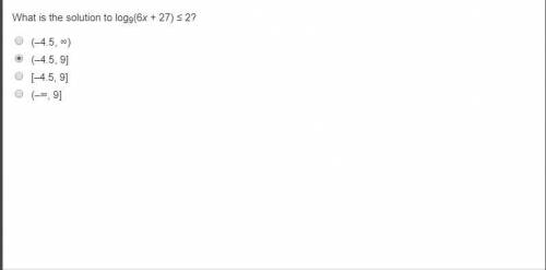What is the solution to log9(6x + 27) ≤ 2?
(–4.5, ∞)
(–4.5, 9]
[–4.5, 9]
(–∞, 9]