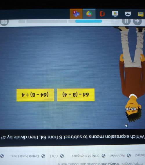 Which expression means to subtract 8 from 64 then divide by 4