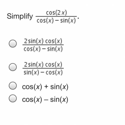 Simplify StartFraction cosine (2 x) Over cosine (x) minus sine (x) EndFraction