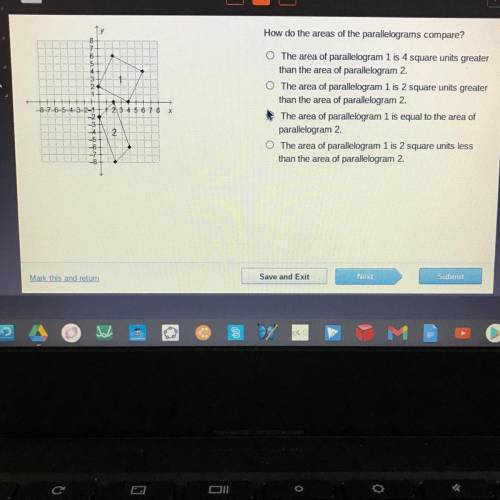 Help please!

How do the areas of the parallelograms compare?
CONDU
O The area of parallelogram 1