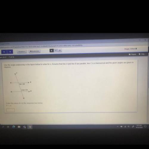 Use the angle relationship in the figure below to solve for x. Assume that line A and line Bare par