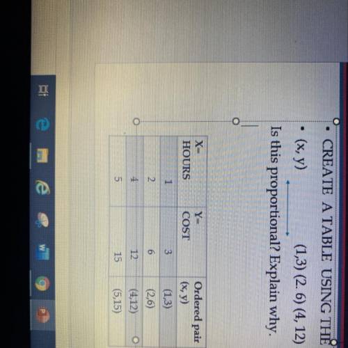 Is this proportional? Explain why.

X=
HOURS
Y=
COST
1
3
Ordered pair
(x,y)
(1,3)
(2,6)
(4,12)
(5,