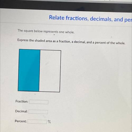 Express the shaded area as a fraction, a decimal, and a percent of the whole.