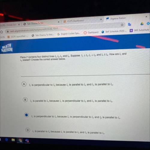 Plane P contains four distinct lines L, lz, ls, and 4. Suppose l, ll, la 1 ly, and l l 1. How are l