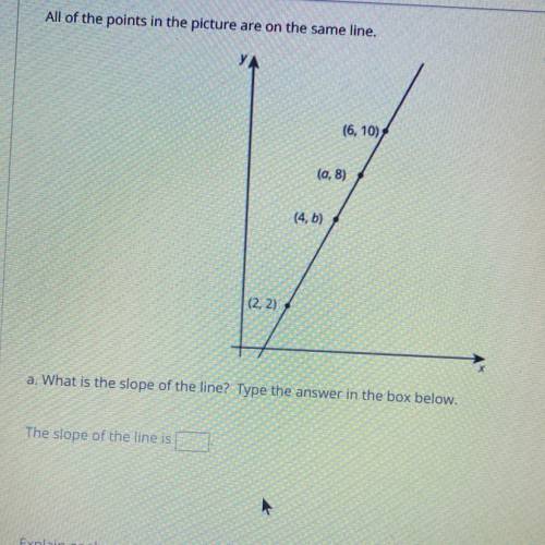 (6. 10)

Ka, 8)
(4.b)
(2.2)
a. What is the slope of the line? Type the answer in the box below.
Th