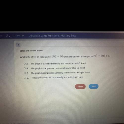 What is the effect on the graph of f(x) = |x| when the function is changed to g(x)
= |3x| + 1?