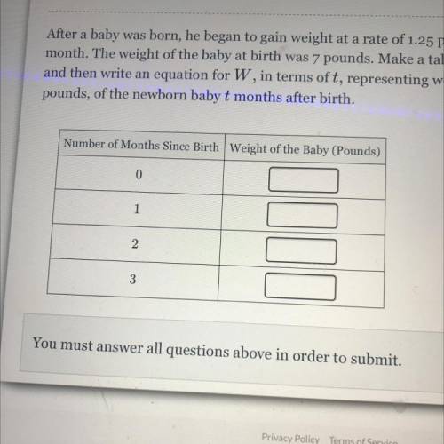 After a baby was born, he began to gain weight at a rate of 1.25 pounds per

month. The weight of