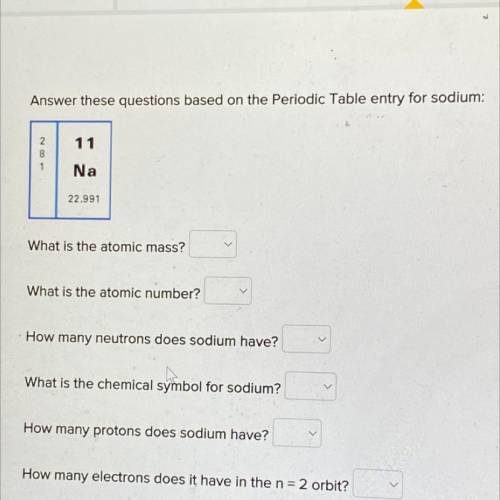 Answer these questions based on the Periodic Table entry for sodium:

11
Na
22.991
What is the ato