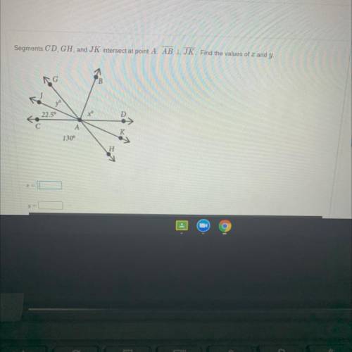 Segments CD, GH, and JK intersect at point A. Line AB bisects Line JK. Find the values of a and y