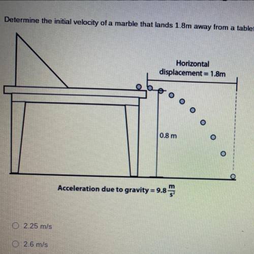 Determine the initial velocity of a marble that lands 1.8m away from a tabletop that is 0.8m from t