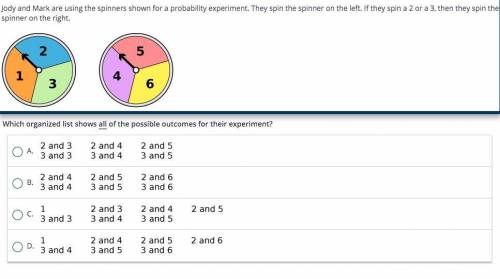 Jody and Mark are using the spinners shown for a probability experiment. They spin the spinner on t