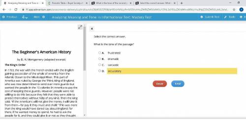 What is the tone of the passage?

A. 
frustrated
B. 
dramatic
C. 
sarcastic
D. 
accusatory