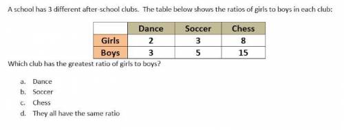 A school has 3 differnt after-school clubs. The table below shows the ratios of girls to boys in ea