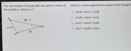 The side lengths of triangle ABC are written in terms of the variable P where p is greater than or