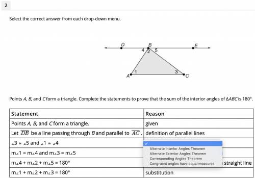 Select the correct answer from each drop-down menu.

Points A, B, and C form a triangle. Complete