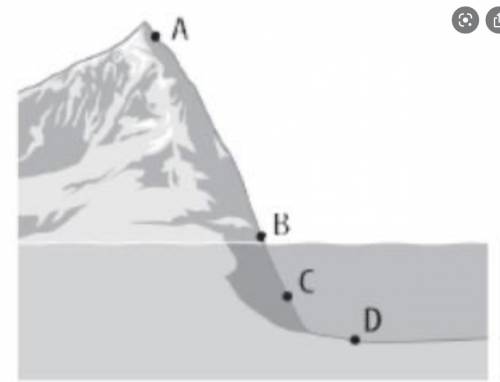 The figure shows a side view of a mountain that extends below the water's surface. At which point w
