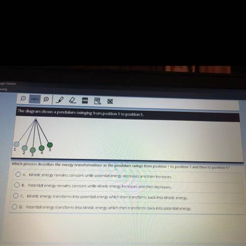 The diagram shows a pendulum swinging from position 1 to position 5.

Which process describes the