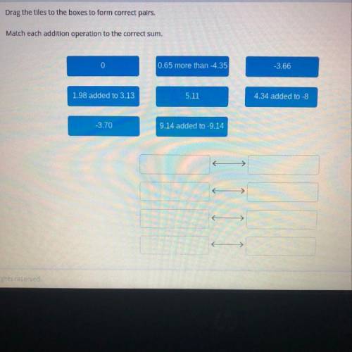 Drag the tiles to the boxes to form correct pairs.

Match each addition operation to the correct s