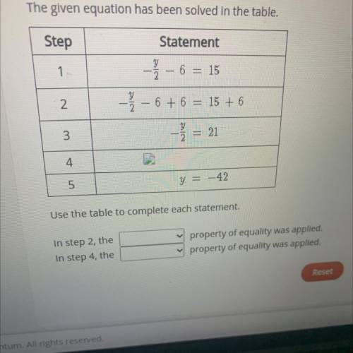 Select the correct answer from each drop down menu.

The given equation has been solved in the tab