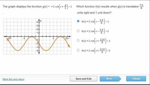The graph displays the function g(x) = Equals 2 cosine (x + StartFraction pi Over 2 EndFraction) mi