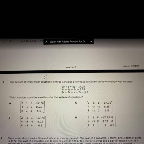 The system of three linear equations in three variables below is to be solved using technology with