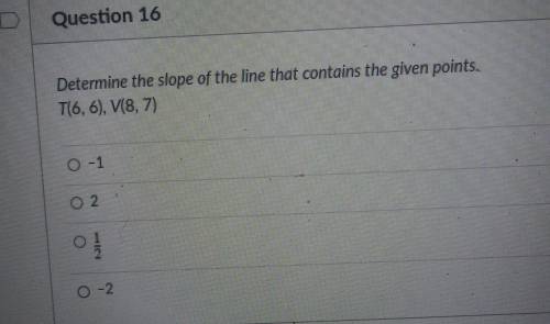 Determine the slope of the line that contains the given points.. T(6,6), V(8,7)