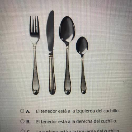 Which sentence correctly describes the placement of silverware in the image?

A. El tenedor está a