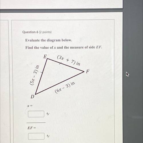 Evaluate the diagram below.
Find the value of x and the measure of side EF.