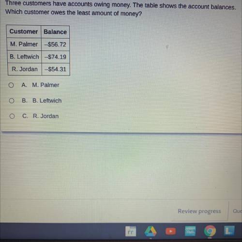 Three customers have accounts owing money.the table shows the accountant balances.which customer ow