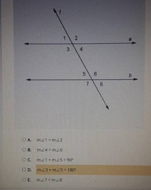 Transversal tcuts parallel lines a and bas shown in the diagram. Which equation is necessarily true