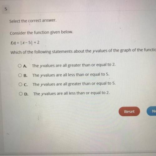 Consider the function given below.

Ax) = | x-5[ + 2
Which of the following statements about the y