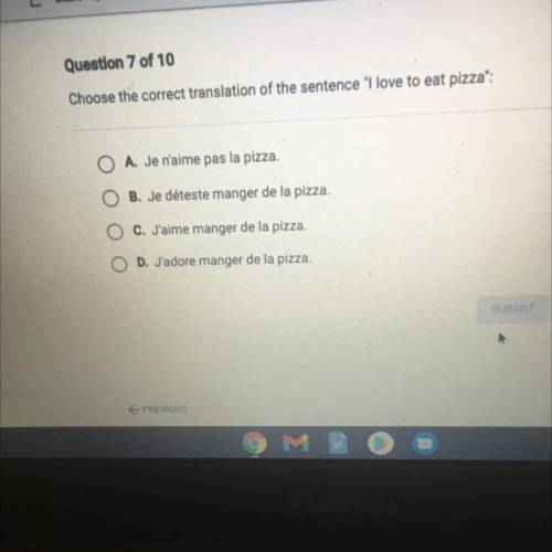 Choose the correct translation of the sentence I love to eat pizza:

A. Je n'aime pas la pizza.