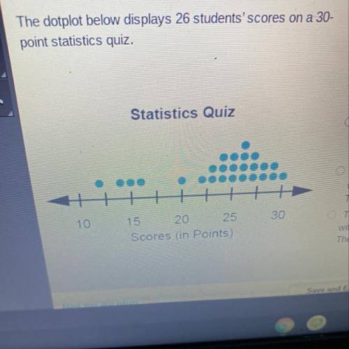 The dotplot below displays 26 students' scores on a 30-

point statistics quiz.
Which of the follo