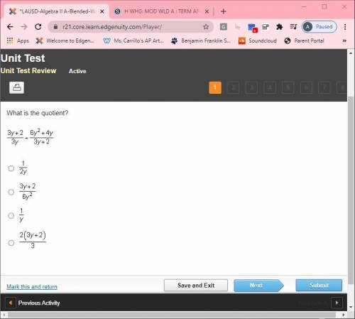 What is the quotient? 3y+2/3y divided by 6y^2+4y/3y+2