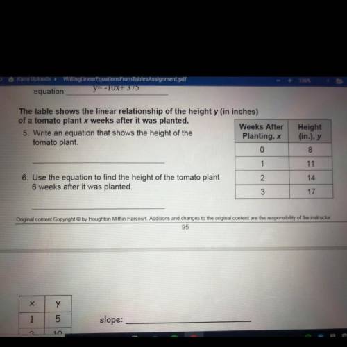 this table shows the linear relationship of the height y in inches of a tomato plant x weeks after