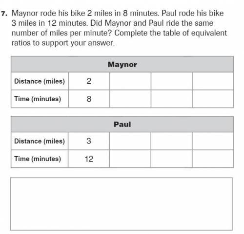 Maynor rode his bike 2 miles in 8 minutes. Paul rode his bike

3 miles in 12 minutes. Did Maynor a