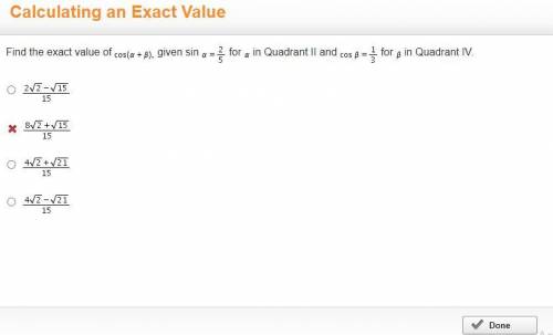 Find the exact value of Cosine (alpha + beta) given sin Alpha = two-fifths for Alpha in Quadrant II