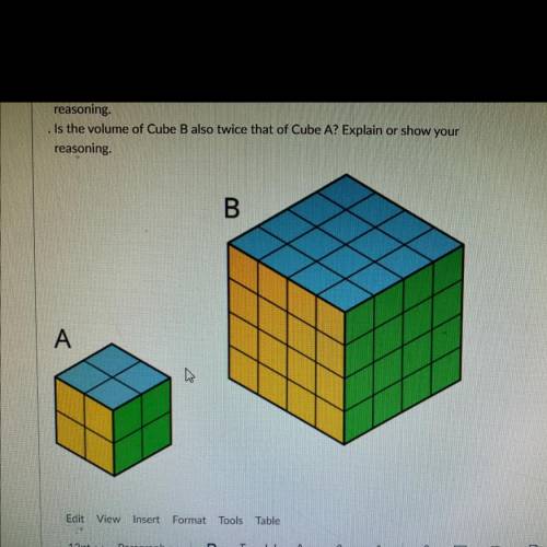 Two larger cubes are made out of unit cubes. Cube A is 2 by 2 by 2. Cube B is 4 by 4 by 4. The side