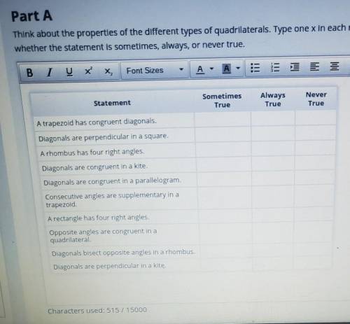 Think about the properties of the different types pf quadrilaterals. Type one x in each row of the