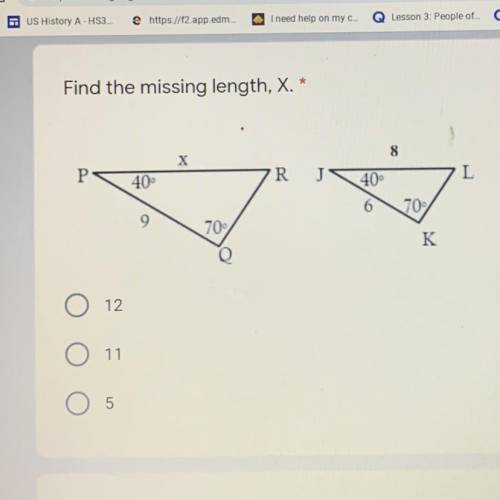 Find the missing Length X 
Help me 
A.12
B.11
C.5