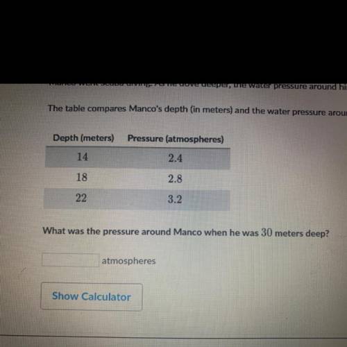 Manco went scuba diving. As he dove deeper, the water pressure around him increased at a constant r